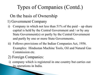 On the basis of Ownership
1) Government Company
i) Company in which not less than 51% of the paid – up share
   capital is held by the Central Government and / or by any
   State Government(s) or partly by the Central Government
   and partly by one or more State Governments.
ii) Follows provisions of the Indian Companies Act, 1956.
    Examples: Hindustan Machine Tools, Oil and Natural Gas
    Commission etc.
2) Foreign Companies:
i) company which is registered in one country but carries out
   its operations in India.
 