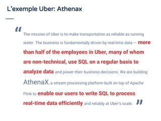 L’exemple Uber: Athenax
The mission of Uber is to make transportation as reliable as running
water. The business is fundamentally driven by real-time data — more
than half of the employees in Uber, many of whom
are non-technical, use SQL on a regular basis to
analyze data and power their business decisions. We are building
AthenaX, a stream processing platform built on top of Apache
Flink to enable our users to write SQL to process
real-time data efficiently and reliably at Uber’s scale.
“
”
 
