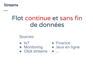 Streams
Sources:
● IoT
● Monitoring
● Click streams
● Finance
● Jeux en ligne
● ...
Flot continue et sans fin
de données
 