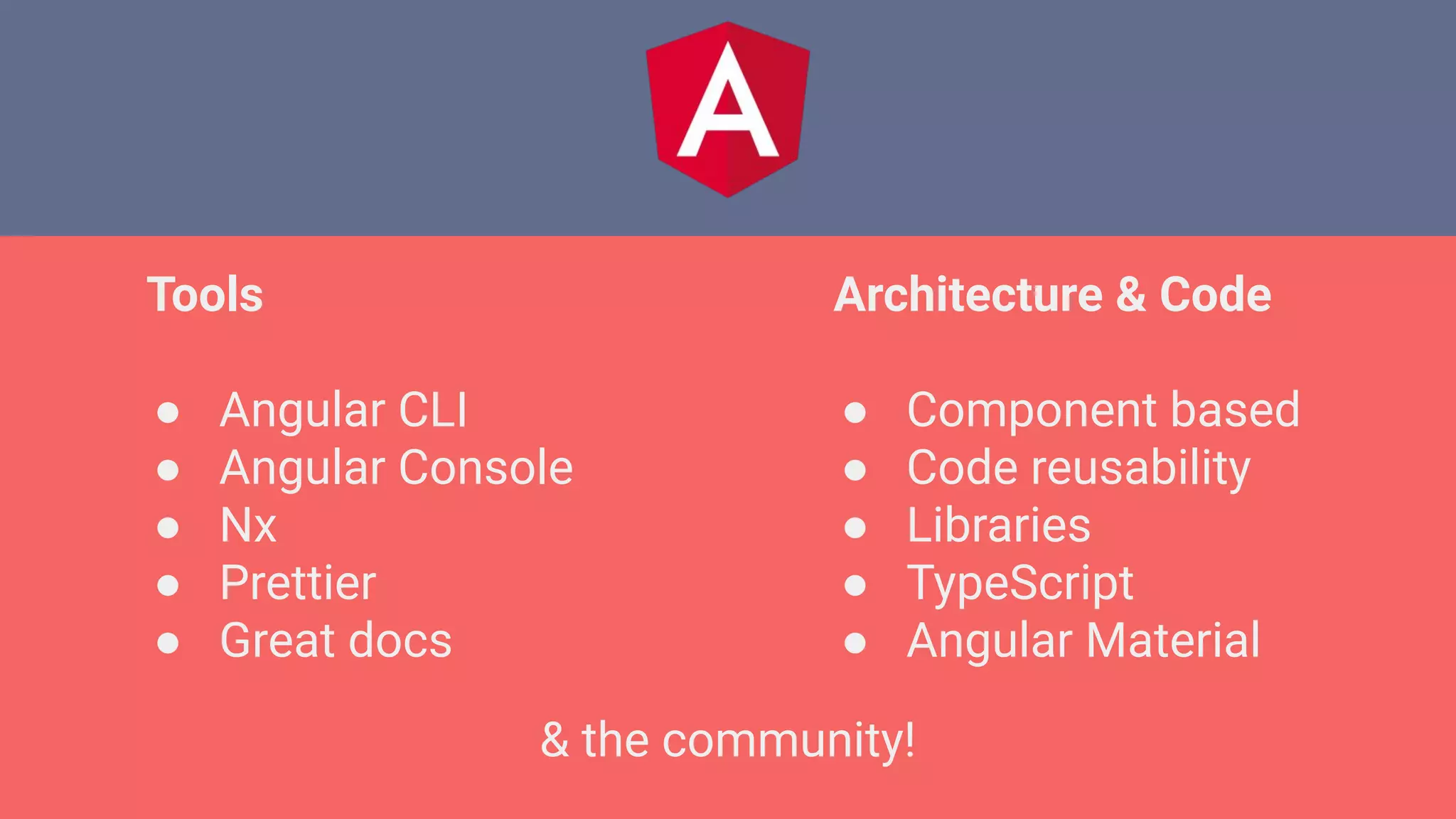 Tools
● Angular CLI
● Angular Console
● Nx
● Prettier
● Great docs
Architecture & Code
● Component based
● Code reusability
● Libraries
● TypeScript
● Angular Material
& the community!
 