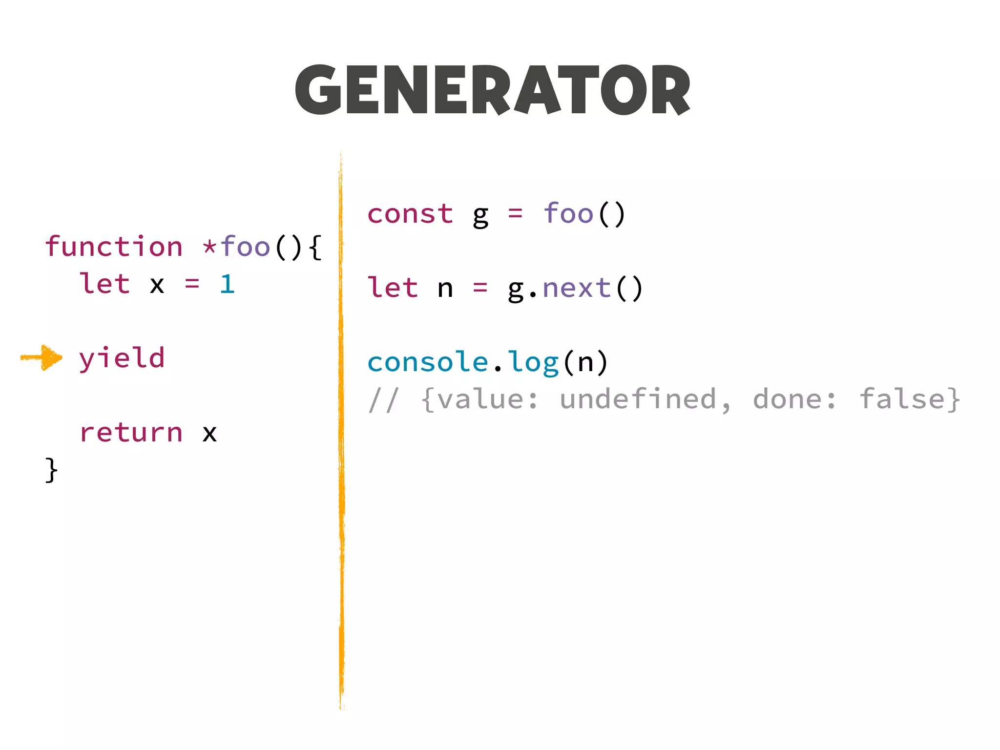 GENERATOR
function *foo(){
let x = 1
yield
return x
}
const g = foo()
let n = g.next()
console.log(n)
// {value: undefined, done: false}
n = g.next()
console.log(n)
// {value: 1, done: true}
 