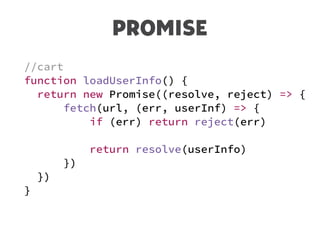 PROMISE
//cart
function loadUserInfo() {
return new Promise((resolve, reject) => {
fetch(url, (err, userInf) => {
if (err) return reject(err)
return resolve(userInfo)
})
})
}
 