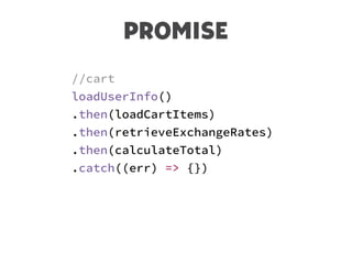 PROMISE
//cart
loadUserInfo()
.then(loadCartItems)
.then(retrieveExchangeRates)
.then(calculateTotal)
.catch((err) => {})
 