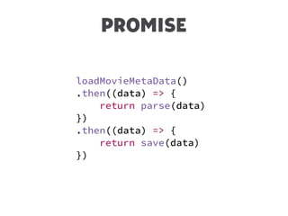 PROMISE
loadMovieMetaData()
.then((data) => {
return parse(data)
})
.then((data) => {
return save(data)
})
 
