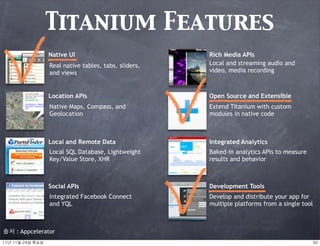 Titanium Features
                     Native UI                            Rich Media APIs
                     Real native tables, tabs, sliders,   Local and streaming audio and
                     and views                            video, media recording



                     Location APIs                        Open Source and Extensible
                     Native Maps, Compass, and            Extend Titanium with custom
                     Geolocation                          modules in native code



                     Local and Remote Data                Integrated Analytics
                     Local SQL Database, Lightweight      Baked-in analytics APIs to measure
                     Key/Value Store, XHR                 results and behavior



                     Social APIs                          Development Tools
                     Integrated Facebook Connect          Develop and distribute your app for
                     and YQL                              multiple platforms from a single tool



출처 : Appcelerator
11년	 11월	 24일	 목요일                                                                             30
 