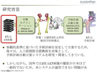 о

                               Ԅ                               gӋ
                                                            Ԅ
                              Ʃ`                            [Otomaru et al.,
                                  [Yokota et                    MICCAI 2009,
                             al., MICCAI 2009]                  MedIA 2011]

     3Ԫ                                         ǱP?ȹ3Ԫ״                       3Ԫ
     CT                                          ѧ؏յ                        gӋ

   ?     QĻʤ˻ŤgӋ򰲶뤿ᣬ
         ҡϣ˹vȫÓQgȤƣ
         gӋԄƥо?_kƤƤ룮

   ?     ʤ飬Ǥ3ԪCTδӰձۤ
         һĤǤʤᣬƥबmäǤʤ}
Copyright ? Osaka Univ., Kobe Univ. 2011
 