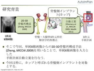 о                                                 ǱPȥץ
                                                         (å)
                                  Ԅ                           gӋ
                                 2D-3D                         Ԅ
                                
                              ǱP٘                            [Otomaru et
                              Ʃ`
                              [Zheng, MICCAI                    al., MICCAI
                                  [Yokota et
                                    2009]                      2009, MedIA
                             al., MICCAI 2009]                     2011]

       g
      3Ԫ                                        ǱP?ȹ3Ԫ״                   3Ԫ
     X
     CT                                          ѧ؏յ                    gӋ

   ?     ǽأgX񤫤2D-3DǱPַ٘
         (Zheng, MICCAI 2009)ä뤳ȤǣgX
         
         gӋԄФʤ
   ?     ؤؤˣåפȺФǱPȥץȤ
         Ȥ룮
Copyright ? Osaka Univ., Kobe Univ. 2011
 