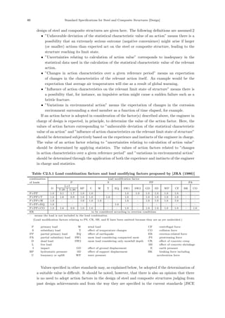 40 Standard Speciﬁcations for Steel and Composite Structures [Design]
design of steel and composite structures are given here. The following deﬁnitions are assumed:2
• ”Unfavorable deviation of the statistical characteristic value of an action” means there is a
possibility that an extremely serious outcome (negative convenience) might arise if larger
(or smaller) actions than expected act on the steel or composite structure, leading to the
structure reaching its limit state.
• ”Uncertainties relating to calculation of action value” corresponds to inadequacy in the
statistical data used in the calculation of the statistical characteristic value of the relevant
action.
• ”Changes in action characteristics over a given reference period” means an expectation
of changes in the characteristics of the relevant action itself. An example would be the
expectation that average air temperatures will rise as a result of global warming.
• ”Inﬂuence of action characteristics on the relevant limit state of structure” means there is
a possibility that, for instance, an impulsive action might cause a sudden failure such as a
brittle fracture.
• ”Variations in environmental action” means the expectation of changes in the corrosion
environment surrounding a steel member as a function of time elapsed, for example.
If an action factor is adopted in consideration of the factor(s) described above, the engineer in
charge of design is expected, in principle, to determine the value of the action factor. Here, the
values of action factors corresponding to ”unfavorable deviation of the statistical characteristic
value of an action” and ”inﬂuence of action characteristics on the relevant limit state of structure”
should be determined subjectively based on the experience and instincts of the engineer in charge.
The value of an action factor relating to ”uncertainties relating to calculation of action value”
should be determined by applying statistics. The values of action factors related to ”changes
in action characteristics over a given reference period” and ”variations in environmental action”
should be determined through the application of both the experience and instincts of the engineer
in charge and statistics.
Table C2.5.1 Load combination factors and load modifying factors proposed by [JRA (1986)]
combination load modiﬁcation factor
of loads P S PP PA
D
L+I
HP U W T EQ SW1 SW2 GD SD WP CF BK CO
T-20 L-20
P+PP 1.0 3.1 1.7 1.0 1.0 – – – 1.0 1.0 1.0 1.0 1.0 1.0 – –
P+PP+T 1.0 1.6 0.9 1.0 1.0 – 1.0 – 1.0 – 1.0 1.0 1.0 1.0 – –
P+PP+W 1.0 – – 1.0 1.0 1.0 – – 1.0 – 1.0 1.0 1.0 1.0 – –
P+PP+EQ 1.0 – – – – – – 1.0 – – – – – – – –
P+PP+CO 1.0 1.6 0.9 1.0 1.0 – – – 1.0 – 1.0 1.0 1.0 1.0 – 1.0
ER to be considered according to erection conditions
–： means the load is not included in the load combination
(Load modiﬁcation factors relating to PS, CR, SH, and E have been omitted because they are as yet undecided.)
P ：primary load W ：wind load CF ：centrifugal force
S ：subsidiary load T ：eﬀect of temperature changes CO ：collision force
PP ：partial primary load EQ ：eﬀect of earthquake ER ：erection-related force
PA ：partial subsidiary load SW1 ：snow load considering compacted snow PS ：prestressing force
D ：dead load SW2 ：snow load considering only snowfall depth CR ：eﬀect of concrete creep
L ：live load SH ：eﬀect of concrete shrinkage
I ：impact GD ：eﬀect of ground displacement E ：earth pressure
HP ：hydrostatic pressure SD ：eﬀect of support displacement BK ：braking force including
U ：buoyancy or uplift WP ：wave pressure acceleration force
Values speciﬁed in other standards may, as explained below, be adopted if the determination of
a suitable value is diﬃcult. It should be noted, however, that there is also an opinion that there
is no need to adopt action factors in the design of steel and composite structures judging from
past design achievements and from the way they are speciﬁed in the current standards [JSCE
 