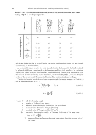 190 Standard Specifications for Steel and Composite Structures [Design]
Table C12.2.2 (2) Eﬀective buckling length factors of the main column of a steel tower
mainly subject to bending compression
only at the nodes but also in terms of global corrugated buckling of the entire foot section and
local buckling of chord members.
At nodes on the upper member of a pony truss, horizontal displacement is elastically conﬁned
by a lateral rigid frame consisting of vertical members and ﬂoor deck members. In evaluating
the buckling load of an upper chord member, it should be noted that the axial compressive force
that acts on it varies depending on the framework, as shown in Fig.C12.2.4, with the designed
section of the members and the moment of inertia of the section changing accordingly.
The eﬀective buckling length of out-of-plane upper chords in the pony truss shown in Fig.C12.2.4
can be obtained from Eq.(C12.2.3).
 =

λ0 + 1.8
X0.4
v

a,  ≥ a (C12.2.3)
λ0 =
1
π
a
r

F
E
(C12.2.4)
where， ：eﬀective buckling length
a ：spacing of U-shaped rigid frames
r ：radius of gyration of upper chord about the vertical axis
F ：nominal value of material strength (N/mm2
)
E ：nominal value of Young’s modulus (N/mm2
)
Xv ：parameter for evaluating rigidity of U-shaped rigid frame of the pony truss,
given by Xv =
Kva3
EIc
Ic ：moment of inertia of section of central upper chord about the vertical axis of
the chord
 