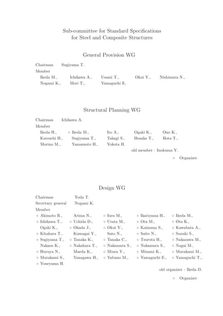 Sub-committee for Standard Specifications
for Steel and Composite Structures
General Provision WG
Chairman ：Sugiyama T.
Member
Ikeda M., Ichikawa A., Usami T., Okui Y., Nishimura N.,
Nogami K., Mori T., Yamaguchi E.
Structural Planning WG
Chairman ：Ichikawa A.
Member
Ikeda H., ○ Ikeda M., Ito A., Ogaki K., Ono K.,
Katsuchi H., Sugiyama T., Takagi S., Hosaka T., Hota T.,
Morino M., Yamamoto H., Yokota H.
old member : Inokuma Y.
○：Organizer
Design WG
Chairman ：Yoda T.
Secretary general ：Nogami K.
Member
○ Akimoto R., Arima N., ○ Iura M., ○ Ikariyama H., ○ Ikeda M.,
○ Ishikawa T., ○ Uchida D., ○ Urata M., ○ Ota M., ○ Ota K.,
Ogaki K., ○ Okada J., ○ Okui Y., ○ Kainuma S., ○ Kawabata A.,
○ Kitahara T., Kumagai Y., Sato N., ○ Saito N., ○ Suzuki S.,
○ Sugiyama T., ○ Tanaka K., ○ Tanaka C., ○ Tsuruta H., ○ Nakazawa M.,
Nakasu K., ○ Nakahara T., ○ Nakamura S., ○ Nakamura S., ○ Nagai M.,
○ Huruya N., Maeda K., ○ Miura Y., ○ Minami K., ○ Murakami M.,
○ Murakami S., Yanagawa H., ○ Yabuno M., ○ Yamaguchi E., ○ Yamaguchi T.,
○ Yoneyama H.
old organizer : Ikeda D.
○：Organizer
 