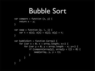 Bubble Sort
var compare = function (x, y) {
    return x - y;
}

var swap = function (a, i, j) {
    var t = a[x]; a[x] = a[y]; a[y] = t;
}

var bubbleSort = function (array) {
    for (var x = 0; x < array.length; x++) {
        for (var y = 0; y < array.length - x; y++) {
            if (compare(array[y], array[y + 1]) > 0) {
                swap(array, y, y + 1);
            }
        }
    }
}
 