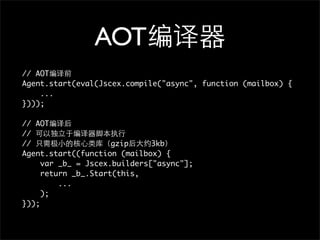 AOT
// AOT
Agent.start(eval(Jscex.compile("async", function (mailbox) {
    ...
})));

// AOT
//
//                   gzip     3kb
Agent.start((function (mailbox) {
     var _b_ = Jscex.builders["async"];
     return _b_.Start(this,
         ...
     );
}));
 