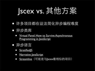 Jscex vs.
•
•
    •   Virtual Panel: How to Survive Asynchronous
        Programming in JavaScript

•
    •   StratiﬁedJS
    •   Narrative JavaScript
    •   Streamline             Jscex
 