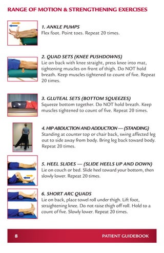 8 PATIENT GUIDEBOOK
RANGE OF MOTION & STRENGTHENING EXERCISES
1. ANKLE PUMPS
Flex foot. Point toes. Repeat 20 times.
2. QUAD SETS (KNEE PUSHDOWNS)
Lie on back with knee straight, press knee into mat,
tightening muscles on front of thigh. Do NOT hold
breath. Keep muscles tightened to count of five. Repeat
20 times.
3. GLUTEAL SETS (BOTTOM SQUEEZES)
Squeeze bottom together. Do NOT hold breath. Keep
muscles tightened to count of five. Repeat 20 times.
4.HIPABDUCTIONANDADDUCTION—(STANDING)
Standing at counter top or chair back, swing affected leg
out to side away from body. Bring leg back toward body.
Repeat 20 times.
5. HEEL SLIDES — (SLIDE HEELS UP AND DOWN)
Lie on couch or bed. Slide heel toward your bottom, then
slowly lower. Repeat 20 times.
6. SHORT ARC QUADS
Lie on back, place towel roll under thigh. Lift foot,
straightening knee. Do not raise thigh off roll. Hold to a
count of five. Slowly lower. Repeat 20 times.
 
