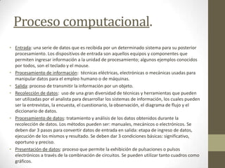 Proceso computacional.
• Entrada: una serie de datos que es recibida por un determinado sistema para su posterior
procesamiento. Los dispositivos de entrada son aquellos equipos y componentes que
permiten ingresar información a la unidad de procesamiento; algunos ejemplos conocidos
por todos, son el teclado y el mouse.
• Procesamiento de información: técnicas eléctricas, electrónicas o mecánicas usadas para
manipular datos para el empleo humano o de máquinas.
• Salida: proceso de transmitir la información por un objeto.
• Recolección de datos: uso de una gran diversidad de técnicas y herramientas que pueden
ser utilizadas por el analista para desarrollar los sistemas de información, los cuales pueden
ser la entrevistas, la encuesta, el cuestionario, la observación, el diagrama de flujo y el
diccionario de datos.
• Procesamiento de datos: tratamiento y análisis de los datos obtenidos durante la
recolección de datos. Los métodos pueden ser: manuales, mecánicos o electrónicos. Se
deben dar 3 pasos para convertir datos de entrada en salida: etapa de ingreso de datos,
ejecución de los mismos y resultado. Se deben dar 3 condiciones básicas: significativo,
oportuno y preciso.
• Presentación de datos: proceso que permite la exhibición de pulsaciones o pulsos
electrónicos a través de la combinación de circuitos. Se pueden utilizar tanto cuadros como
gráficos.
 