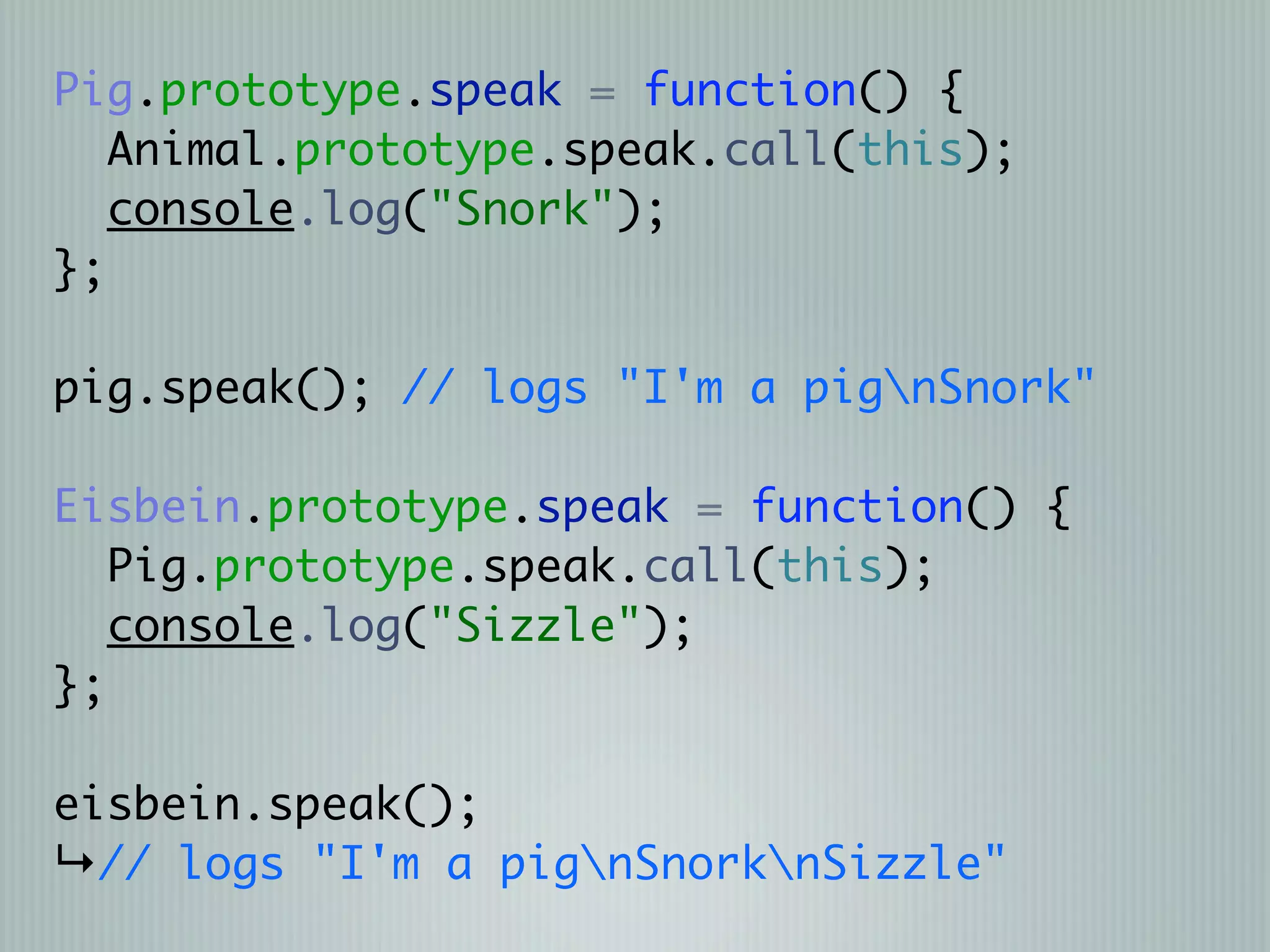 Pig.prototype.speak = function() {
   Animal.prototype.speak.call(this);
   console.log("Snork");
};

pig.speak(); // logs "I'm a pignSnork"

Eisbein.prototype.speak = function() {
   Pig.prototype.speak.call(this);
   console.log("Sizzle");
};

eisbein.speak();
↳// logs "I'm a pignSnorknSizzle"
 