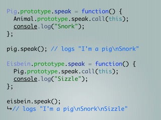Pig.prototype.speak = function() {
   Animal.prototype.speak.call(this);
   console.log("Snork");
};

pig.speak(); // logs "I'm a pignSnork"

Eisbein.prototype.speak = function() {
   Pig.prototype.speak.call(this);
   console.log("Sizzle");
};

eisbein.speak();
↳// logs "I'm a pignSnorknSizzle"
 