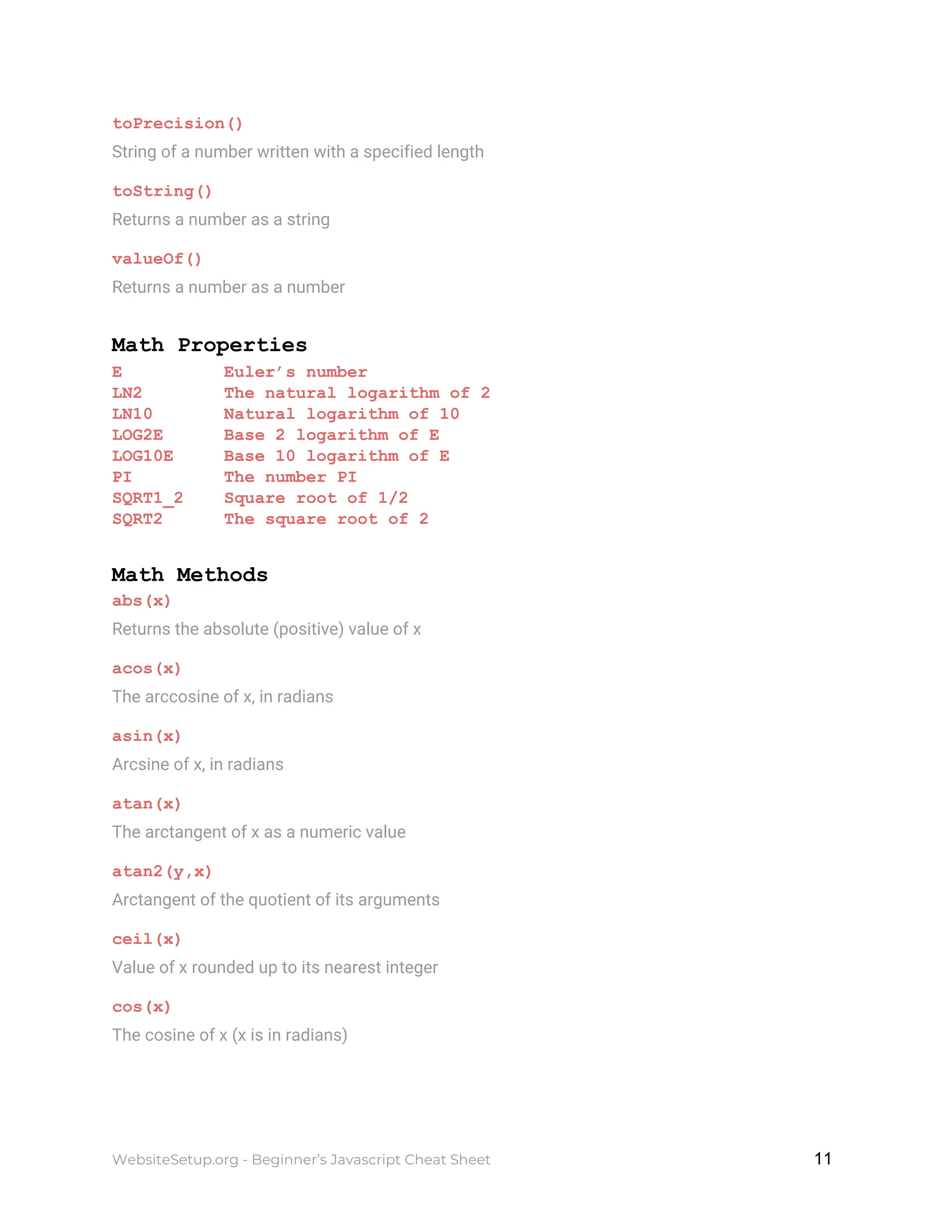 toPrecision()
String of a number written with a specified length
toString()
Returns a number as a string
valueOf()
Returns a number as a number
Math Properties
E Euler’s number
LN2 The natural logarithm of 2
LN10 Natural logarithm of 10
LOG2E Base 2 logarithm of E
LOG10E Base 10 logarithm of E
PI The number PI
SQRT1_2 Square root of 1/2
SQRT2 The square root of 2
Math Methods
abs(x)
Returns the absolute (positive) value of x
acos(x)
The arccosine of x, in radians
asin(x)
Arcsine of x, in radians
atan(x)
The arctangent of x as a numeric value
atan2(y,x)
Arctangent of the quotient of its arguments
ceil(x)
Value of x rounded up to its nearest integer
cos(x)
The cosine of x (x is in radians)
WebsiteSetup.org - Beginner’s Javascript Cheat Sheet ​ ​11
 
