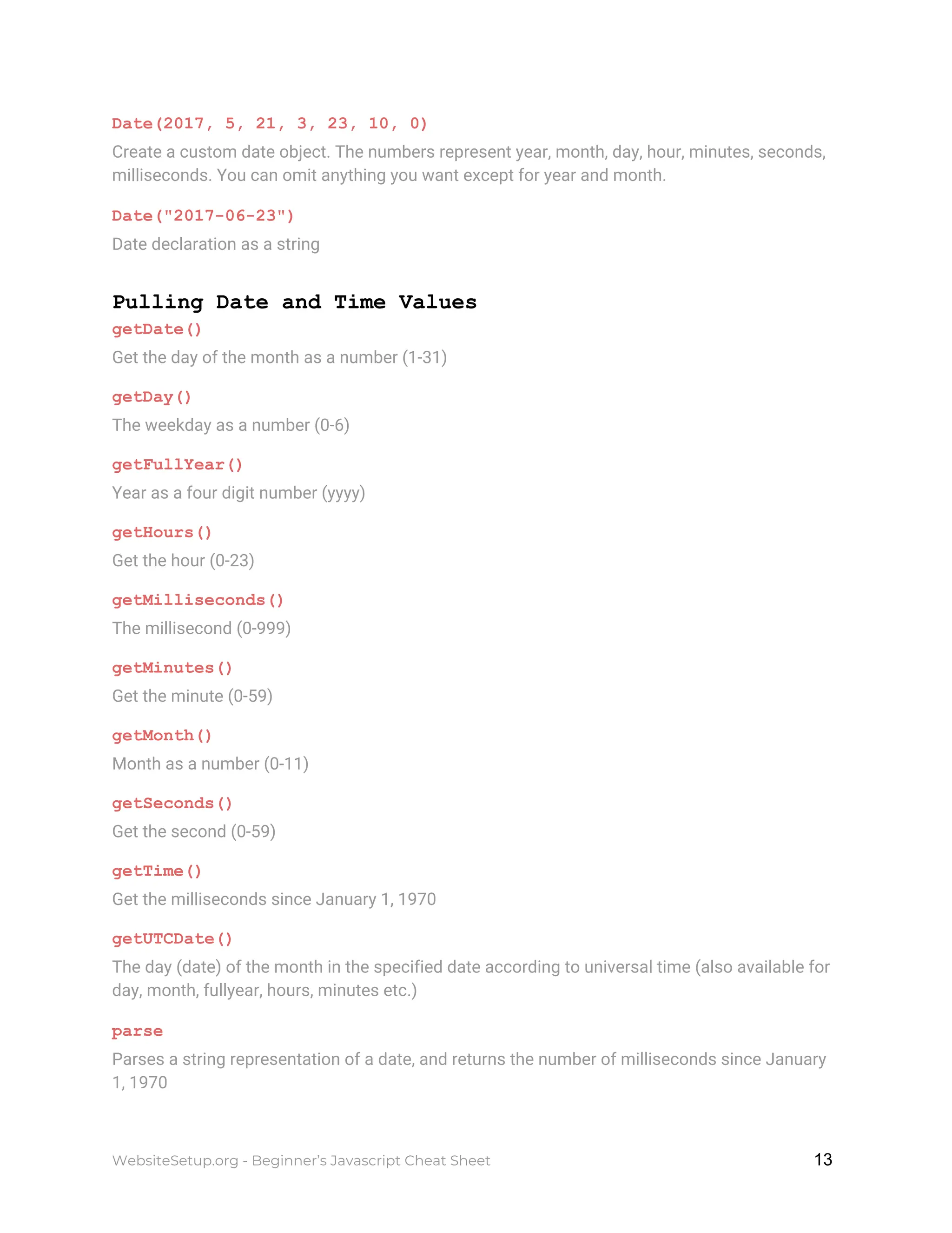 Date(2017, 5, 21, 3, 23, 10, 0)
Create a custom date object. The numbers represent year, month, day, hour, minutes, seconds,
milliseconds. You can omit anything you want except for year and month.
Date("2017-06-23")
Date declaration as a string
Pulling Date and Time Values
getDate()
Get the day of the month as a number (1-31)
getDay()
The weekday as a number (0-6)
getFullYear()
Year as a four digit number (yyyy)
getHours()
Get the hour (0-23)
getMilliseconds()
The millisecond (0-999)
getMinutes()
Get the minute (0-59)
getMonth()
Month as a number (0-11)
getSeconds()
Get the second (0-59)
getTime()
Get the milliseconds since January 1, 1970
getUTCDate()
The day (date) of the month in the specified date according to universal time (also available for
day, month, fullyear, hours, minutes etc.)
parse
Parses a string representation of a date, and returns the number of milliseconds since January
1, 1970
WebsiteSetup.org - Beginner’s Javascript Cheat Sheet ​ ​13
 