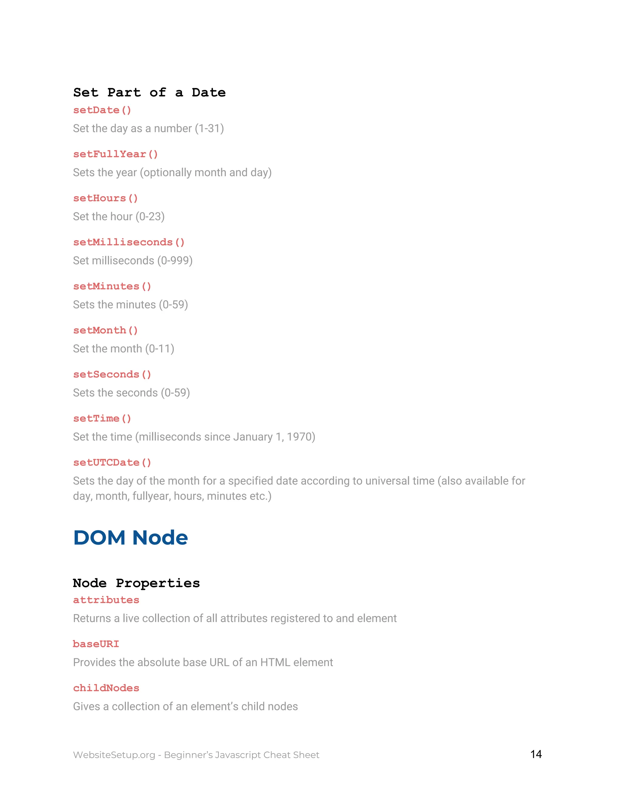 Set Part of a Date
setDate()
Set the day as a number (1-31)
setFullYear()
Sets the year (optionally month and day)
setHours()
Set the hour (0-23)
setMilliseconds()
Set milliseconds (0-999)
setMinutes()
Sets the minutes (0-59)
setMonth()
Set the month (0-11)
setSeconds()
Sets the seconds (0-59)
setTime()
Set the time (milliseconds since January 1, 1970)
setUTCDate()
Sets the day of the month for a specified date according to universal time (also available for
day, month, fullyear, hours, minutes etc.)
DOM Node
Node Properties
attributes
Returns a live collection of all attributes registered to and element
baseURI
Provides the absolute base URL of an HTML element
childNodes
Gives a collection of an element’s child nodes
WebsiteSetup.org - Beginner’s Javascript Cheat Sheet ​ ​14
 