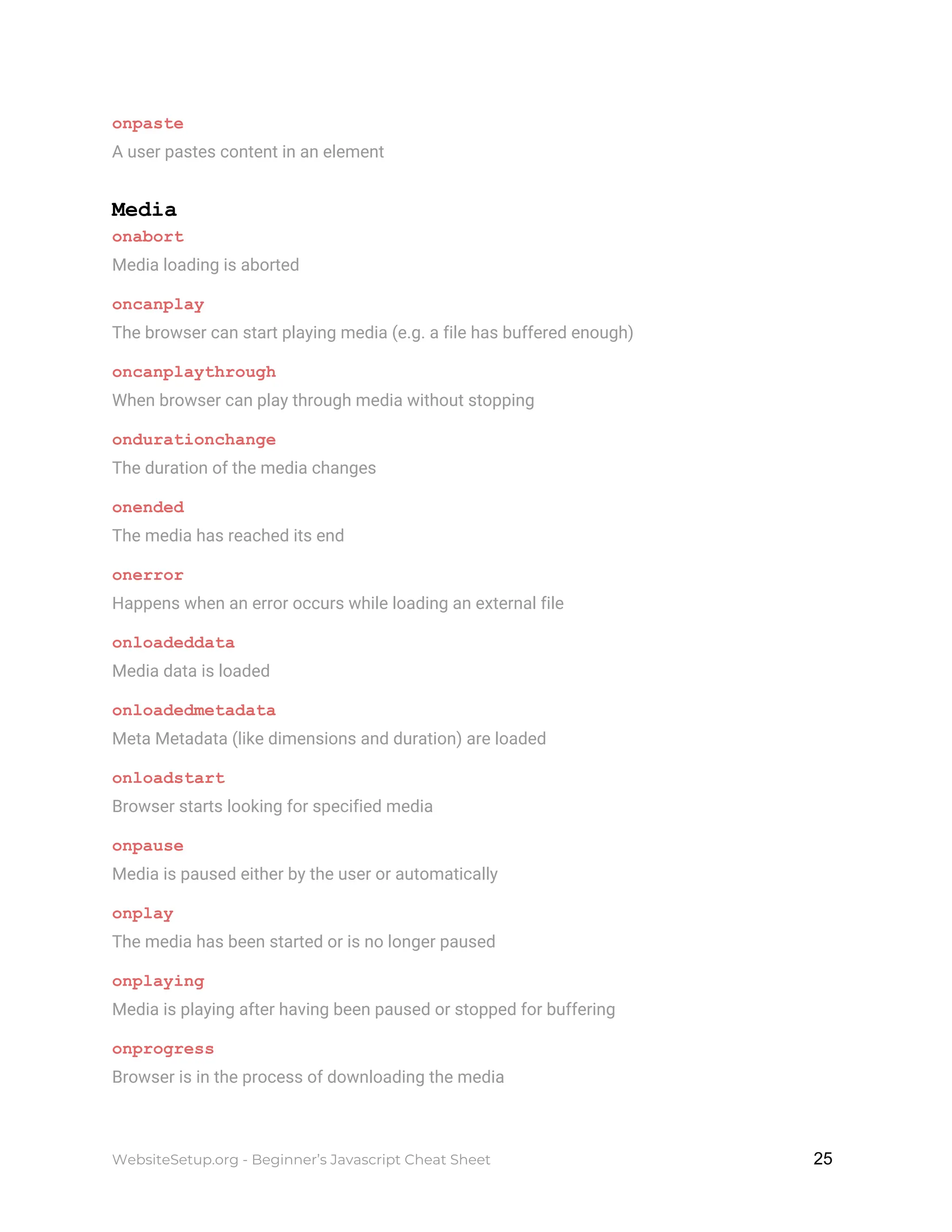 onpaste
A user pastes content in an element
Media
onabort
Media loading is aborted
oncanplay
The browser can start playing media (e.g. a file has buffered enough)
oncanplaythrough
When browser can play through media without stopping
ondurationchange
The duration of the media changes
onended
The media has reached its end
onerror
Happens when an error occurs while loading an external file
onloadeddata
Media data is loaded
onloadedmetadata
Meta Metadata (like dimensions and duration) are loaded
onloadstart
Browser starts looking for specified media
onpause
Media is paused either by the user or automatically
onplay
The media has been started or is no longer paused
onplaying
Media is playing after having been paused or stopped for buffering
onprogress
Browser is in the process of downloading the media
WebsiteSetup.org - Beginner’s Javascript Cheat Sheet ​ ​25
 