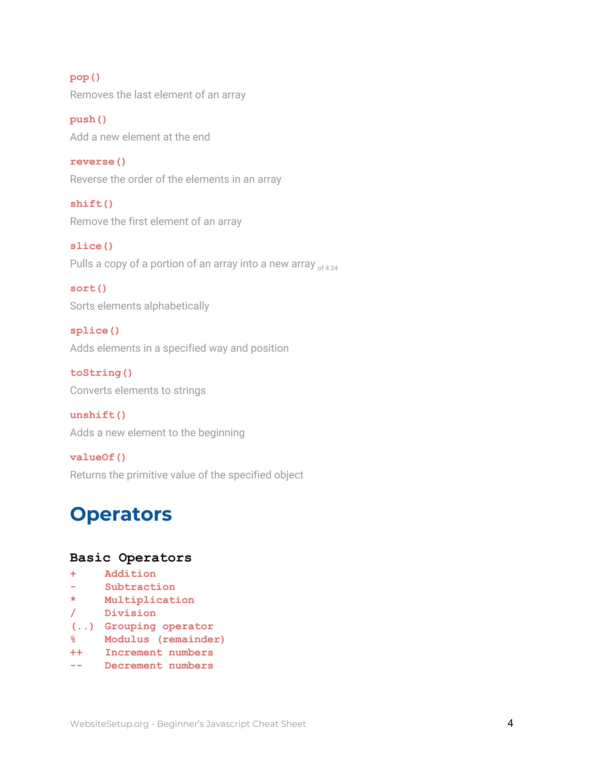 pop()
Removes the last element of an array
push()
Add a new element at the end
reverse()
Reverse the order of the elements in an array
shift()
Remove the first element of an array
slice()
Pulls a copy of a portion of an array into a new array ​of 4 24
sort()
Sorts elements alphabetically
splice()
Adds elements in a specified way and position
toString()
Converts elements to strings
unshift()
Adds a new element to the beginning
valueOf()
Returns the primitive value of the specified object
Operators
Basic Operators
+ Addition
- Subtraction
* Multiplication
/ Division
(..) Grouping operator
% Modulus (remainder)
++ Increment numbers
-- Decrement numbers
WebsiteSetup.org - Beginner’s Javascript Cheat Sheet ​ ​4
 