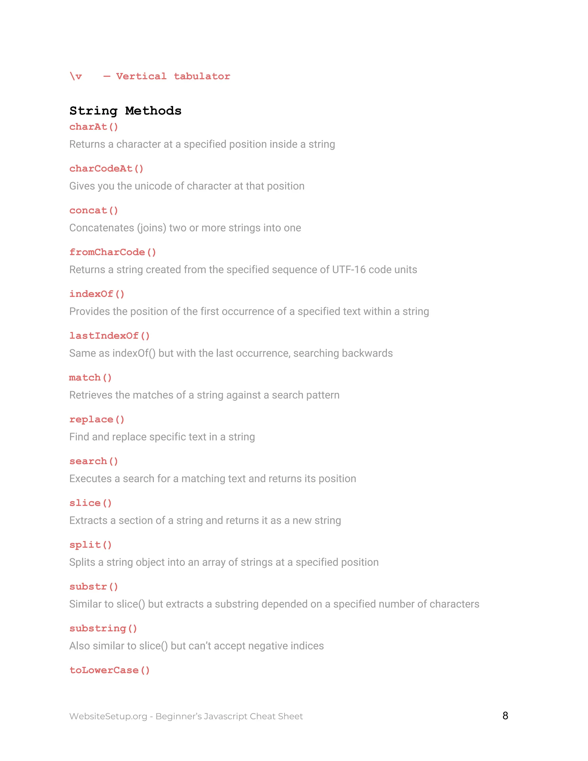 v — Vertical tabulator
String Methods
charAt()
Returns a character at a specified position inside a string
charCodeAt()
Gives you the unicode of character at that position
concat()
Concatenates (joins) two or more strings into one
fromCharCode()
Returns a string created from the specified sequence of UTF-16 code units
indexOf()
Provides the position of the first occurrence of a specified text within a string
lastIndexOf()
Same as indexOf() but with the last occurrence, searching backwards
match()
Retrieves the matches of a string against a search pattern
replace()
Find and replace specific text in a string
search()
Executes a search for a matching text and returns its position
slice()
Extracts a section of a string and returns it as a new string
split()
Splits a string object into an array of strings at a specified position
substr()
Similar to slice() but extracts a substring depended on a specified number of characters
substring()
Also similar to slice() but can’t accept negative indices
toLowerCase()
WebsiteSetup.org - Beginner’s Javascript Cheat Sheet ​ ​8
 
