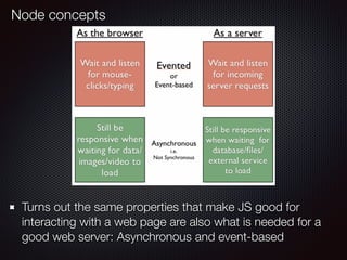 Node concepts
Turns out the same properties that make JS good for
interacting with a web page are also what is needed for a
good web server: Asynchronous and event-based
 