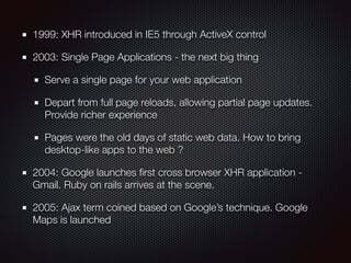 1999: XHR introduced in IE5 through ActiveX control
2003: Single Page Applications - the next big thing
Serve a single page for your web application
Depart from full page reloads, allowing partial page updates.
Provide richer experience
Pages were the old days of static web data. How to bring
desktop-like apps to the web ?
2004: Google launches ﬁrst cross browser XHR application -
Gmail. Ruby on rails arrives at the scene.
2005: Ajax term coined based on Google’s technique. Google
Maps is launched
 