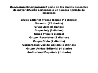 Concentración empresarial: parte de los diarios españoles
  de mayor difusión pertenece a un número limitado de
                       empresas

       Grupo Editorial Prensa Ibérica (15 diarios)
                 Vocento (12 diarios)
                Grupo Zeta (8 diarios)
                 Grupo Joly (8 diarios)
                Grupo Prisa (5 diarios)
             Grupo Recoletos (2 diarios)
                Grupo Godó (2 diarios)
         Corporación Voz de Galicia (2 diarios)
           Grupo Unidad Editorial (1 diario)
            Audiovisual Española (1 diario)
 