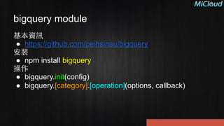 bigquery module
基本資訊
● https://github.com/peihsinsu/bigquery
安裝
● npm install bigquery
操作
● bigquery.init(config)
● bigquery.[category].[operation](options, callback)
 