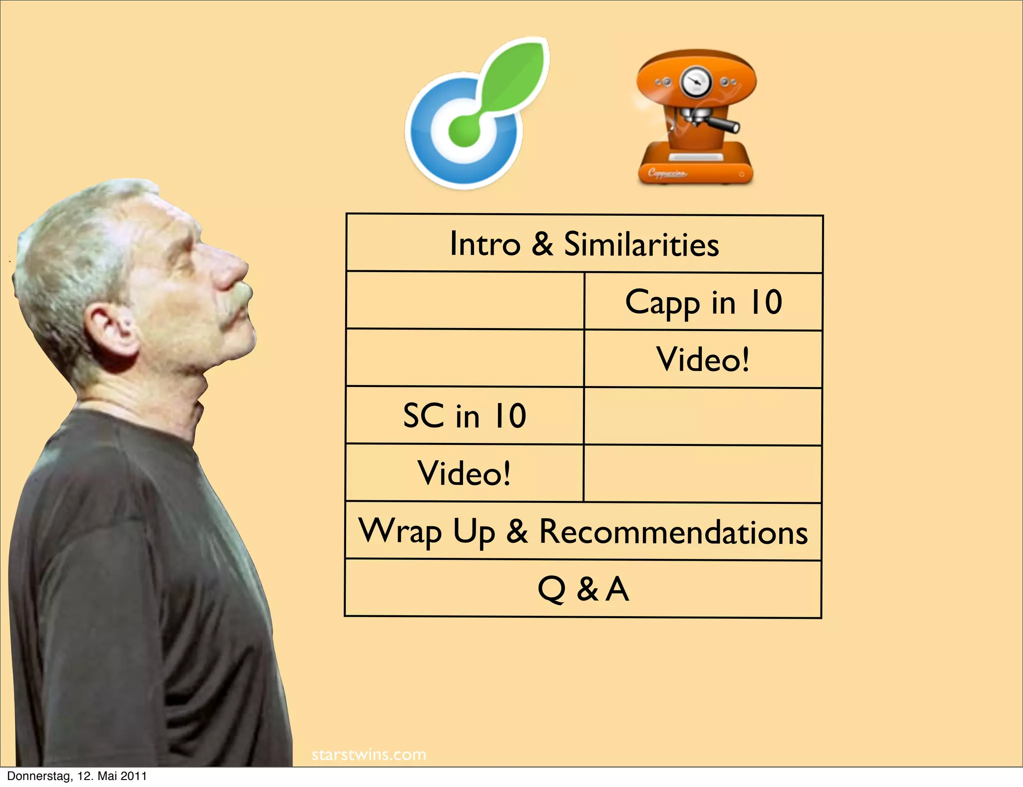 Intro & Similarities
                                                        Capp in 10
                                                           Video!
                                      SC in 10
                                       Video!
                                Wrap Up & Recommendations
                                                  Q &A



                           starstwins.com
Donnerstag, 12. Mai 2011
 