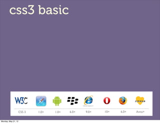 css3 basic




                     CSS 3   1.0+   1.0+   6.0+   9.0+   10+   6.0+   Anna+

Monday, May 21, 12
 