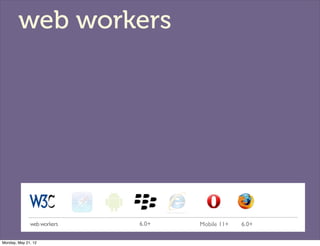 web workers




              web workers   6.0+   Mobile 11+   6.0+

Monday, May 21, 12
 