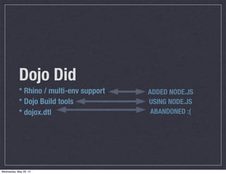Dojo Did
* Rhino / multi-env support
* Dojo Build tools
* dojox.dtl
ADDED NODE.JS
USING NODE.JS
ABANDONED :(
Wednesday, May 29, 13
 