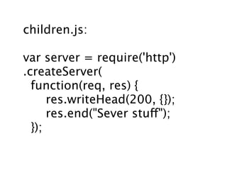 children.js:

var server = require('http')
.createServer(
  function(req, res) {
      res.writeHead(200, {});
      res.end("Sever stuff");
  });
 