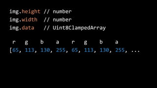 img.height // number
img.width // number
img.data // Uint8ClampedArray
r g b a r g b a
[65, 113, 130, 255, 65, 113, 130, 255, ...
 