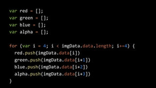 var red = [];
var green = [];
var blue = [];
var alpha = [];
for (var i = 4; i < imgData.data.length; i+=4) {
red.push(imgData.data[i])
green.push(imgData.data[i+1])
blue.push(imgData.data[i+2])
alpha.push(imgData.data[i+3])
}
 