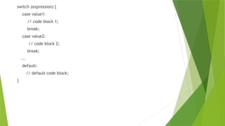 switch (expression) {
case value1:
// code block 1;
break;
case value2:
// code block 2;
break;
...
default:
// default code block;
}
 