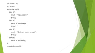 let grade = 'B';
let result;
switch (grade) {
case 'A':
result = "A (Excellent)";
break;
case 'B':
result = "B (Average)";
break;
case 'C':
result = "C (Below than average)";
break;
default:
result = "No Grade";
}
console.log(result);
 