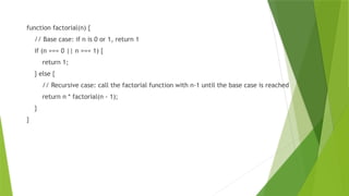 function factorial(n) {
// Base case: if n is 0 or 1, return 1
if (n === 0 || n === 1) {
return 1;
} else {
// Recursive case: call the factorial function with n-1 until the base case is reached
return n * factorial(n - 1);
}
}
 
