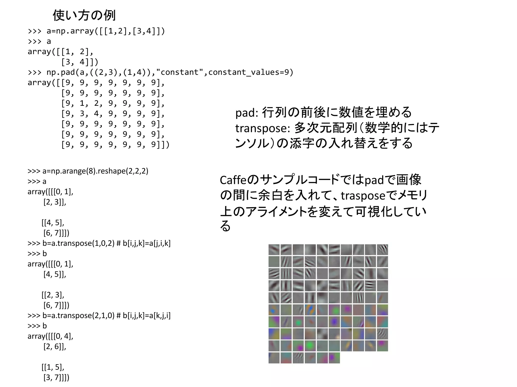 >>> a=np.array([[1,2],[3,4]])
>>> a
array([[1, 2],
[3, 4]])
>>> np.pad(a,((2,3),(1,4)),"constant",constant_values=9)
array([[9, 9, 9, 9, 9, 9, 9],
[9, 9, 9, 9, 9, 9, 9],
[9, 1, 2, 9, 9, 9, 9],
[9, 3, 4, 9, 9, 9, 9],
[9, 9, 9, 9, 9, 9, 9],
[9, 9, 9, 9, 9, 9, 9],
[9, 9, 9, 9, 9, 9, 9]])
>>> a=np.arange(8).reshape(2,2,2)
>>> a
array([[[0, 1],
[2, 3]],
[[4, 5],
[6, 7]]])
>>> b=a.transpose(1,0,2) # b[i,j,k]=a[j,i,k]
>>> b
array([[[0, 1],
[4, 5]],
[[2, 3],
[6, 7]]])
>>> b=a.transpose(2,1,0) # b[i,j,k]=a[k,j,i]
>>> b
array([[[0, 4],
[2, 6]],
[[1, 5],
[3, 7]]])
pad: 行列の前後に数値を埋める
transpose: 多次元配列（数学的にはテ
ンソル）の添字の入れ替えをする
Caffeのサンプルコードではpadで画像
の間に余白を入れて、trasposeでメモリ
上のアライメントを変えて可視化してい
る
使い方の例
 