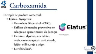 Carboxamida
Exemplo de produto comercial:
12
Fonte: Syngenta.
Elatus - Syngenta:
Granulado Dispersível - (WG);
Utilizar de maneira preventiva em
relação ao aparecimento da doença;
Culturas: algodão, amendoim,
aveia, cana-de-açúcar, café, cevada,
feijão, milho, soja e trigo;
Estrobirulina*.
 
