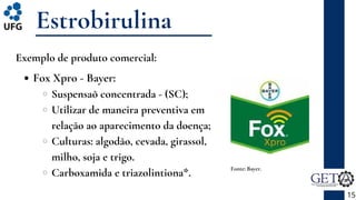 Estrobirulina
15
Fonte: Bayer.
Exemplo de produto comercial:
Fox Xpro - Bayer:
Suspensaõ concentrada - (SC);
Utilizar de maneira preventiva em
relação ao aparecimento da doença;
Culturas: algodão, cevada, girassol,
milho, soja e trigo.
Carboxamida e triazolintiona*.
 