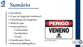 Introdução;
O que são fungicidas sistêmicos?;
Classificação dos fungicidas;
Modo de ação;
Grupos químicos:
Carboxamida;
Estrobirulina;
Triazol.
Considerações finais;
Referências Bibliográficas.
Sumário
02
Fonte: Aquitemplacas.
 