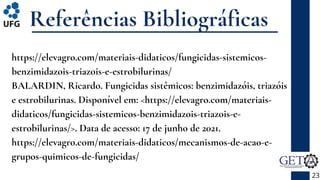 Referências Bibliográficas
https://elevagro.com/materiais-didaticos/fungicidas-sistemicos-
benzimidazois-triazois-e-estrobilurinas/
BALARDIN, Ricardo. Fungicidas sistêmicos: benzimidazóis, triazóis
e estrobilurinas. Disponível em: <https://elevagro.com/materiais-
didaticos/fungicidas-sistemicos-benzimidazois-triazois-e-
estrobilurinas/>. Data de acesso: 17 de junho de 2021.
https://elevagro.com/materiais-didaticos/mecanismos-de-acao-e-
grupos-quimicos-de-fungicidas/
23
 