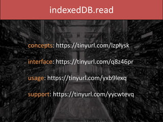 indexedDB.read
concepts: https://tinyurl.com/lzplysk
interface: https://tinyurl.com/q8z46pr
usage: https://tinyurl.com/yxb9lexq
support: https://tinyurl.com/yycwtevq
 