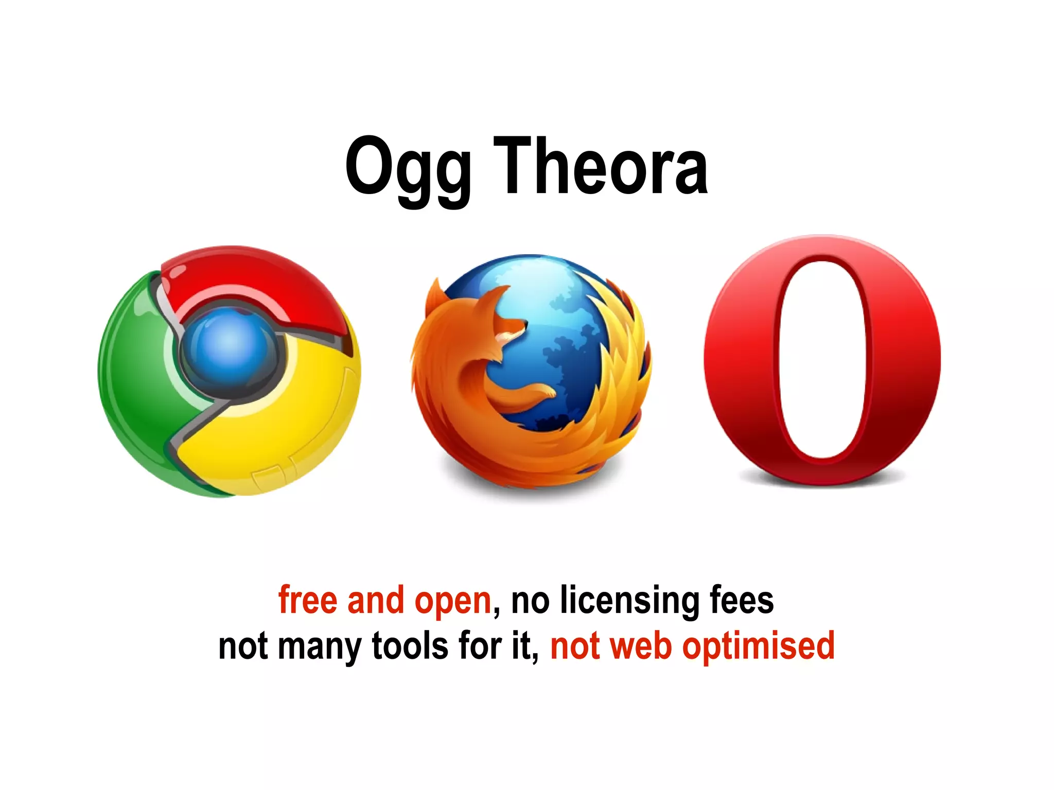 Ogg Theora




    free and open, no licensing fees
not many tools for it, not web optimised
 