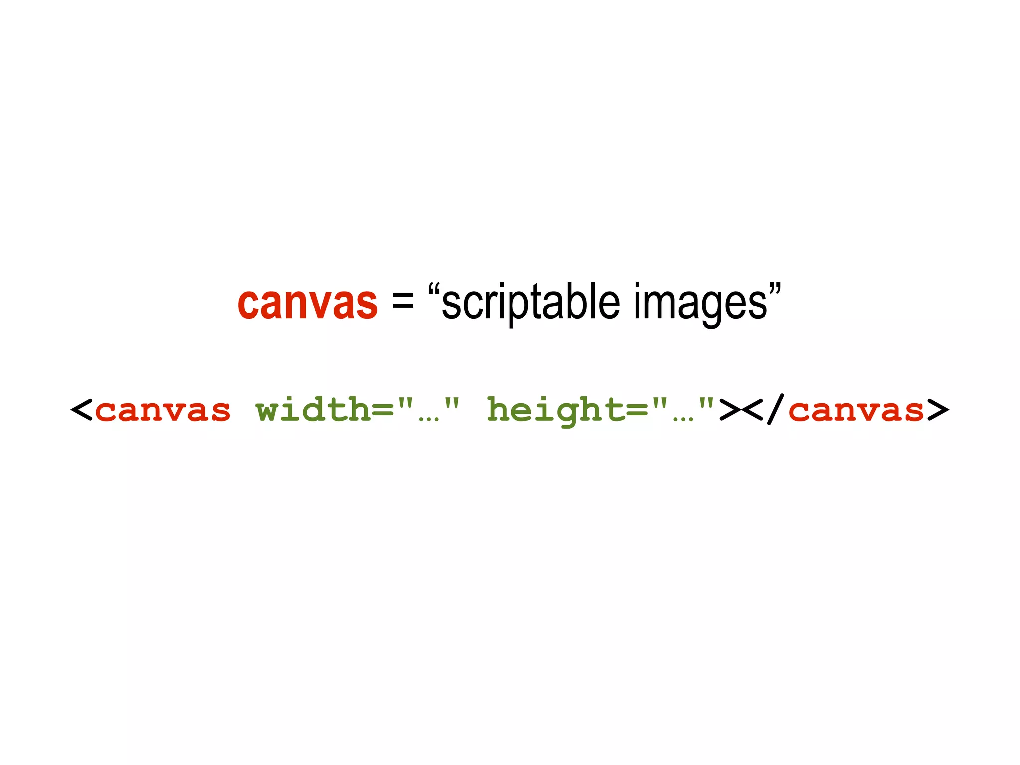 canvas = “scriptable images”
<canvas width="…" height="…"></canvas>
 