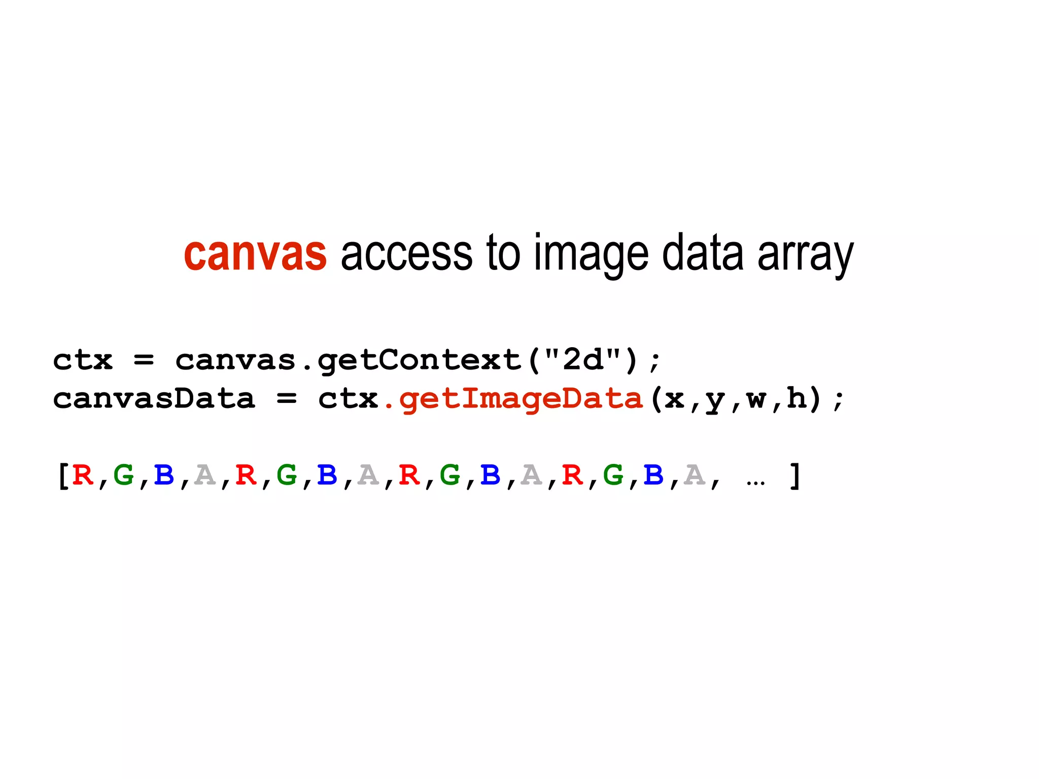 canvas access to image data array
ctx = canvas.getContext("2d");
canvasData = ctx.getImageData(x,y,w,h);

[R,G,B,A,R,G,B,A,R,G,B,A,R,G,B,A, … ]
 